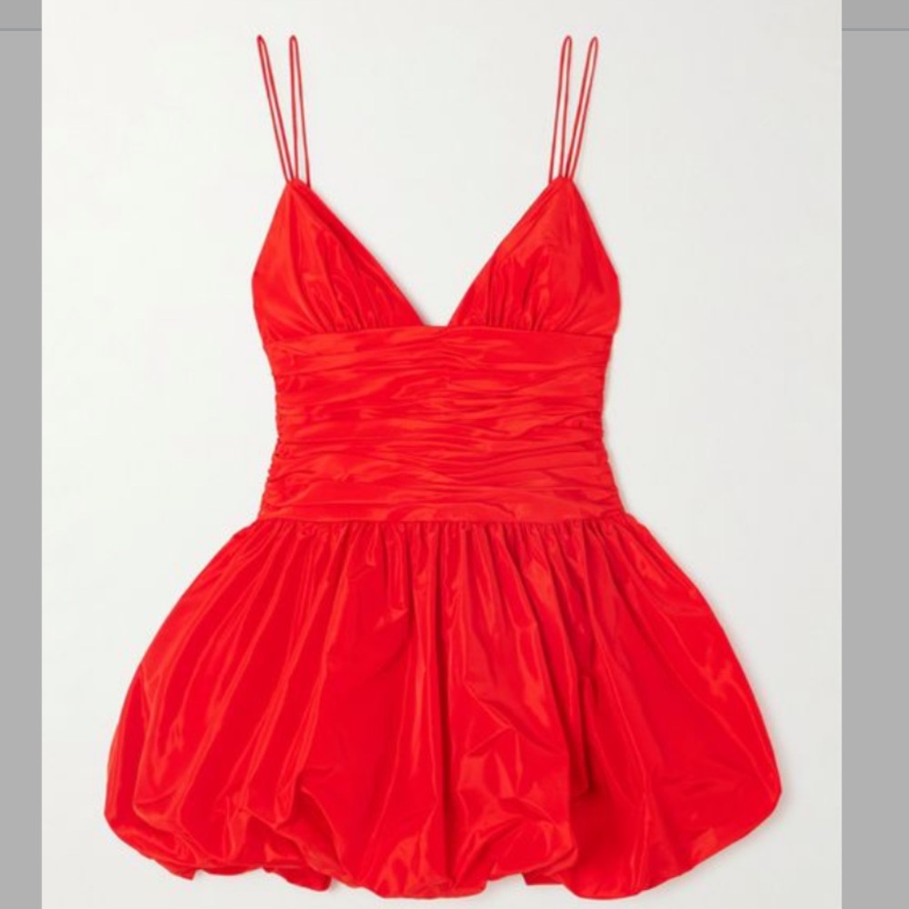 Staud Lauren Ruched Taffeta Mini Bubble Dress Red